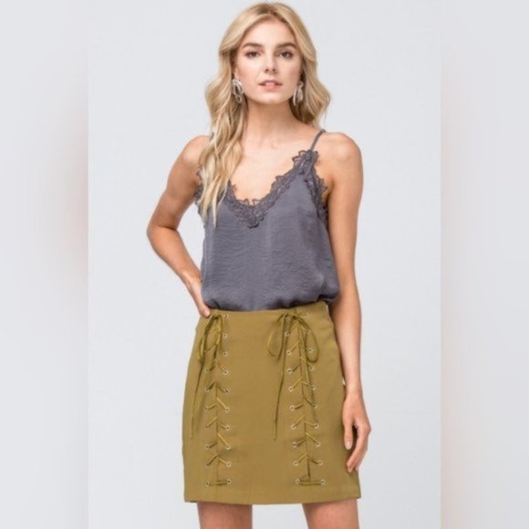 Entro Robin High Waist Lace Up Mini Skirt Olive Green Lined New Night Out Small - Picture 14 of 15